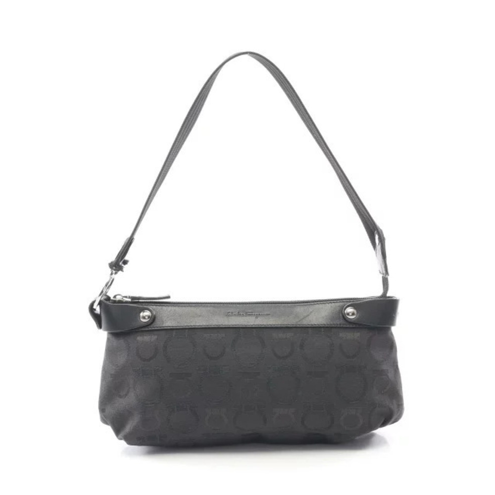 Salvatore Ferragamo Gancini Shoulder Bag Canvas Leather Black